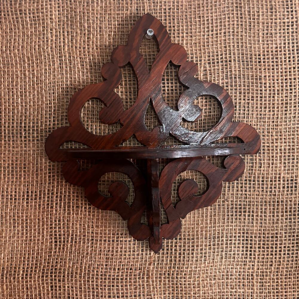 Vintage Dark Walnut Wood Shelf Ornate Fretwork Design 9" x 9.5" - Picture 2 of 10